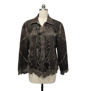 Flashback Women's Embroidered‎ Brown Jacket Western Lace Trim Size Petite Large